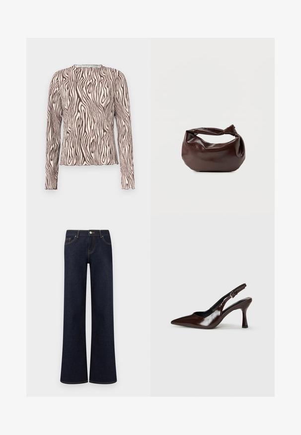 Haut ajusté à manches longues avec encolure haute, présentant un imprimé beige et brun foncé ondulé semblable à un zèbre, avec un ourlet et des poignets légèrement froncés.; Jean en denim bleu foncé à jambes larges avec poches avant, fermeture par bouton et fermeture éclair, et coutures contrastantes visibles.; Talons slingback en cuir verni brun avec un bout pointu, un talon fin, et une sangle réglable avec une petite boucle.; Sac bandoulière en cuir marron foncé avec une forme souple et décontractée et une anse nouée torsadée sur un fond blanc uni.