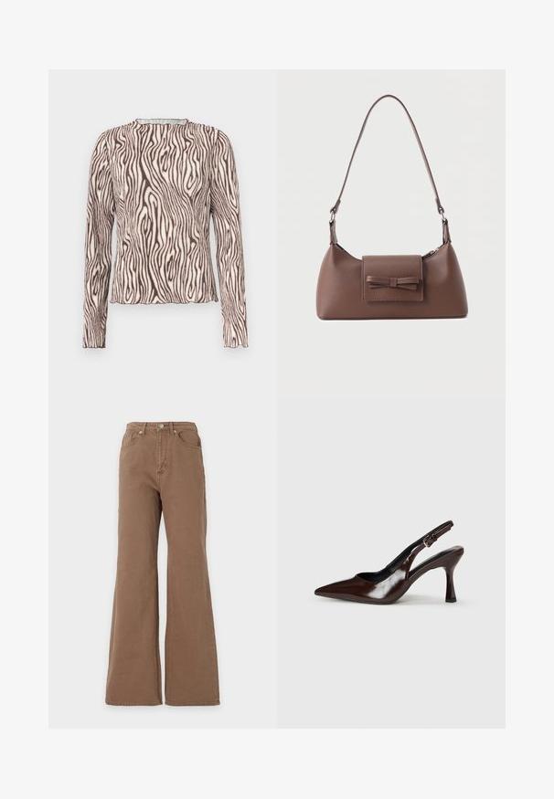 Haut ajusté à manches longues avec encolure haute, présentant un imprimé beige et brun foncé ondulé semblable à un zèbre, avec un ourlet et des poignets légèrement froncés.; Jean marron taille haute avec jambe évasée, fermeture par boutons sur le devant, poches avant et arrière, présenté sur un fond uni.; Talons slingback en cuir verni brun avec un bout pointu, un talon fin, et une sangle réglable avec une petite boucle.; Sac à bandoulière en cuir marron avec une poche à rabat avant ornée d'un détail en forme de nœud cousu et une sangle réglable.