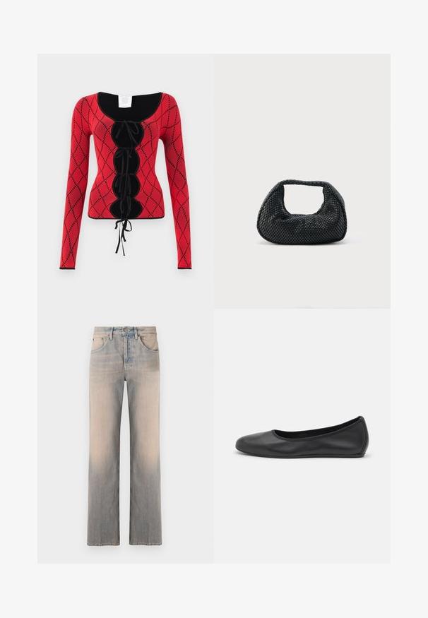 Haut à manches longues en tricot rouge avec un motif en losanges, des accents noirs, un col rond et un détail à lacets à l'avant avec des liens.; Jean en denim bleu clair avec une coupe droite, comportant des poches avant, une décoloration subtile et une taille standard avec un bouton en métal.; Ballerines en cuir noir avec un bout rond, texture lisse, détails de couture minimalistes et design de semelle flexible.; Sac hobo tissé noir avec une structure souple et une poignée intégrée, présenté sur un fond clair uni.