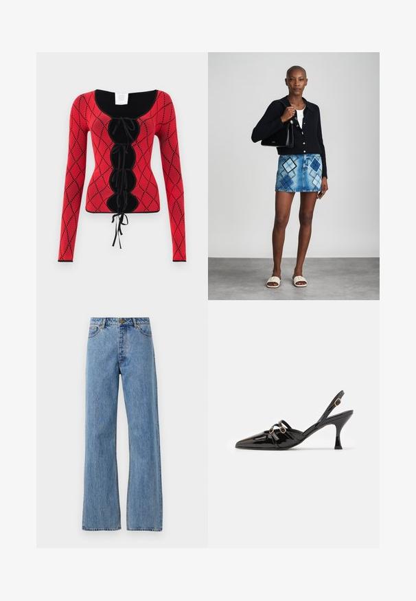 Haut à manches longues en tricot rouge avec un motif en losanges, des accents noirs, un col rond et un détail à lacets à l'avant avec des liens.; Jean taille haute bleu clair, coupe droite, avec bouton avant, fermeture éclair et design à cinq poches sur fond blanc uni.; ALOHAS JOELLE ONIX - Escarpins - black; Un cardigan en maille noir, un haut blanc, une jupe en denim avec un motif de diamants bleus et noirs, un sac à main noir et des sandales à enfiler beiges.