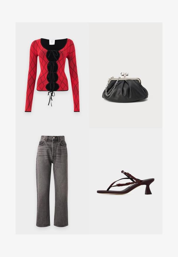Haut à manches longues en tricot rouge avec un motif en losanges, des accents noirs, un col rond et un détail à lacets à l'avant avec des liens.; Agolde 90'S PINCH WAIST CROP - Jean boyfriend - grey; Sandale à talon rouge foncé à brides avec boucles réglables et talon mi-hauteur évasé sur une surface plane.; Porte-monnaie en cuir noir avec texture froncée, cadre en métal argenté, fermeture à verrouillage kiss-lock et bandoulière en chaîne. Surface lisse et douce.