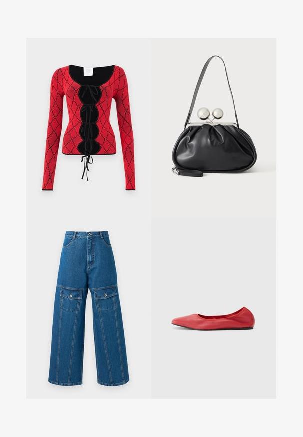 Haut à manches longues en tricot rouge avec un motif en losanges, des accents noirs, un col rond et un détail à lacets à l'avant avec des liens.; Pantalon en denim à jambes larges de couleur bleu clair, avec une taille haute, des coutures visibles et deux poches à rabat boutonnées de chaque côté.; Filippa K REY FLATS - Ballerines - bright red; Sac à main en cuir noir avec un design plissé, une sangle unique, un cadre métallique argenté et deux grandes fermoirs ronds en argent.