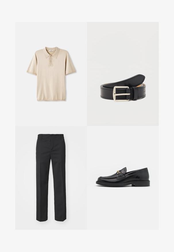 Beige polo skjorte med krave og tre-knaps lukning. Korte ærmer, blød tekstur og lige søm. Minimalistisk design.; Filippa K TROY TROUSERS - Bukser - black; Sorte læder loafers med en rund tå, der har guld hardware accent og syningsdetaljer, placeret på en lav, tekstureret gummisål.; Sort læderbælte med sølv rektangulært spænde, rullet sammen med synlige syninger langs kanterne på en ensfarvet hvid baggrund.