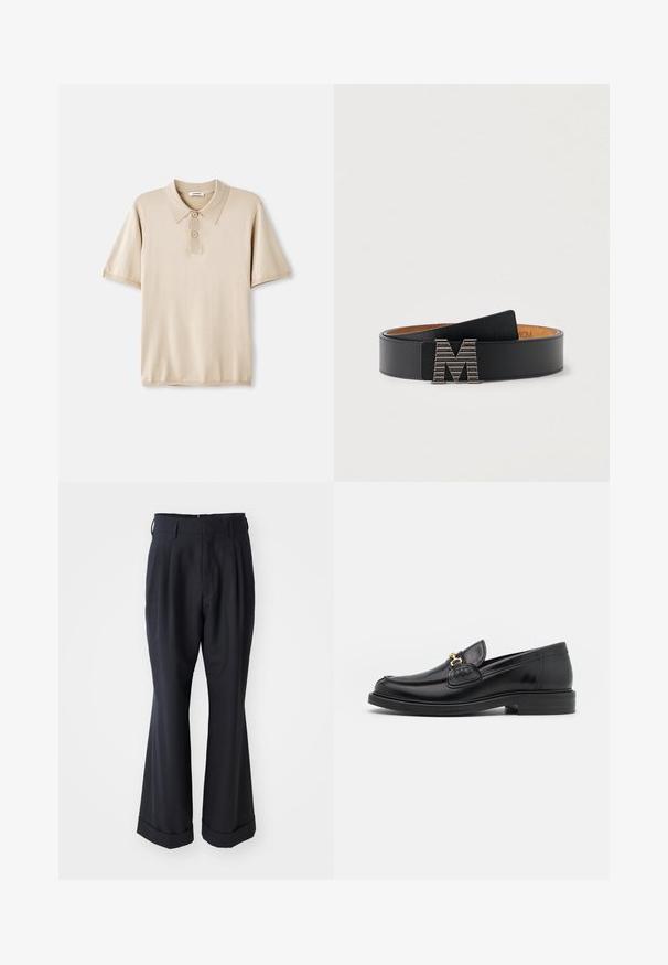 Polo beige avec col et patte de boutonnage à trois boutons. Manches courtes, texture douce et ourlet droit. Design minimaliste.; Pantalons noirs ajustés avec une coupe décontractée, devant plissé et jambes larges. Caractéristiques d'un ourlet à retournement et d'une texture de tissu lisse.; Mocassins en cuir noir avec un embout rond, présentant des accents en métal doré et des détails de couture, montés sur une semelle en caoutchouc texturé et basse.; Ceinture en cuir noir au design large, dotée d'une boucle métallique brillante en forme de M avec des rayures verticales. Texture lisse.