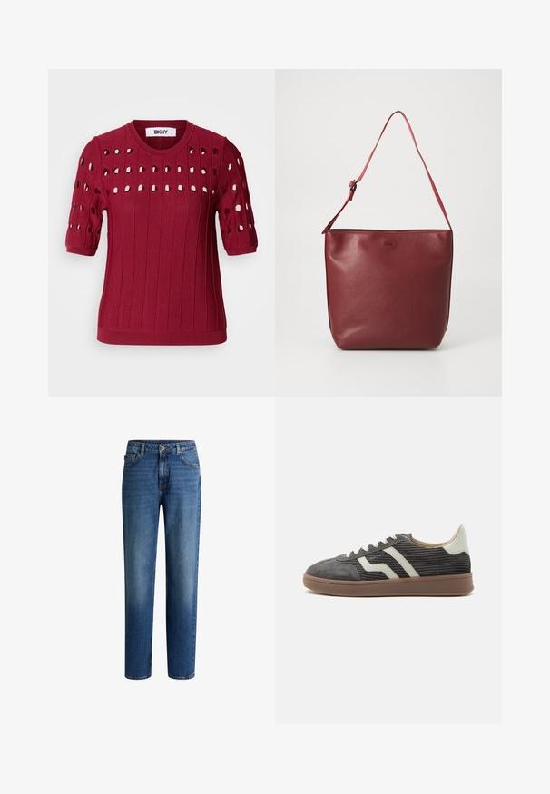 Jersey rojo de punto con mangas cortas, que presenta una textura acanalada y agujeros abiertos en un patrón a lo largo del pecho y las mangas.; Pantalones vaqueros de mezclilla azul con corte recto, diseño de cinco bolsillos y un ligero desgaste. Presentan una cintura con pasadores para el cinturón y cierre de botón metálico.; Zapatilla baja de pana gris con rayas laterales blancas, lengüeta beige en el talón, cordones blancos y suela de goma marrón.; Bolso de mano de cuero rojo con una textura suave, forma rectangular y una correa ajustable. Presenta un logotipo grabado en la parte delantera.