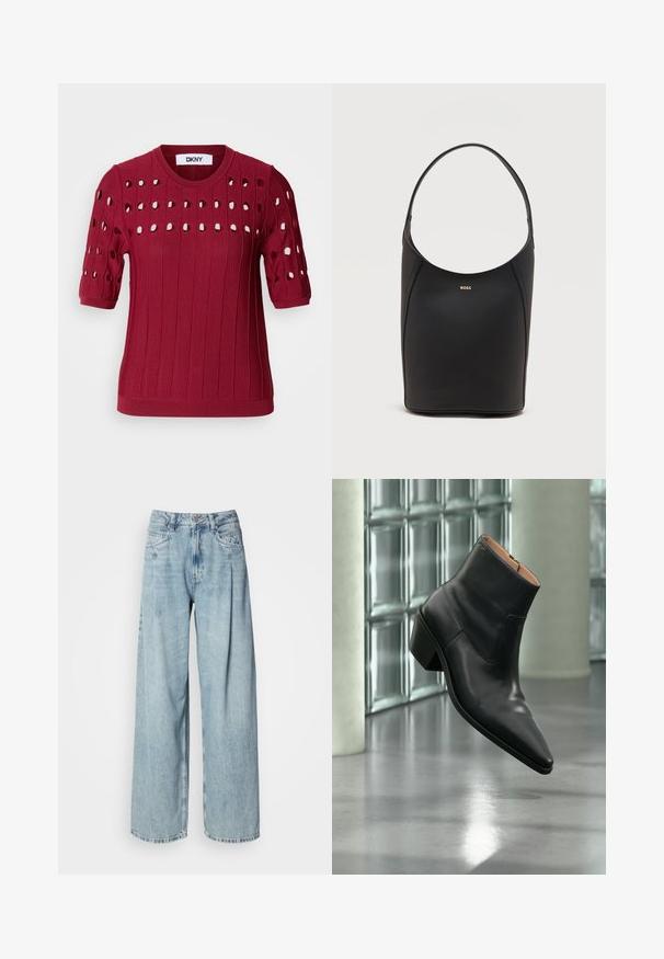 Rød strikket sweater med korte ærmer, der har en ribbet tekstur og åbne huller i et mønster over brystet og ærmerne.; Lyseblå højtaljede vide jeans med frontlommer, knaplukning og bæltestropper mod en ensfarvet hvid baggrund.; Sort læderankelstøvle med spids tå og blokhæl, der svæver over en reflekterende grå gulv nær en væg af glasblokke.; Sort læder bucket taske med én skulderrem og lille guldfarvet BOSS-logo centreret tæt på toppen foran.