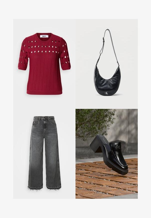 Rød strikket sweater med korte ærmer, der har en ribbet tekstur og åbne huller i et mønster over brystet og ærmerne.; Bredbenede jeans i vasket sort denim med høj talje, med frynsede kanter, fem-lomme design og en klassisk knaplukning.; Sort læder Calvin Klein slip-on mule med blokhæl, der hviler på trætøj udendørs nær en grøn plante og en grå væg.; Sort halvmåneformet skuldertaske i læder med justerbar rem og sølvfarvet "cK"-logo foran, mod en ensartet hvid baggrund.