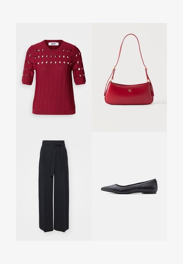 Jersey rojo de punto con mangas cortas, que presenta una textura acanalada y agujeros abiertos en un patrón a lo largo del pecho y las mangas.; Pantalones negros de pierna ancha hechos de una tela suave. Presentan una cintura con cinturón y pliegues en la parte delantera. Textura suave con un diseño limpio y contemporáneo.; Zapato plano de cuero negro con punta puntiaguda y tacón bajo, mostrado de perfil contra un fondo blanco.; Bolso de hombro de cuero rojo con emblema dorado del logotipo "cK" y correa ajustable sobre un fondo claro y liso.
