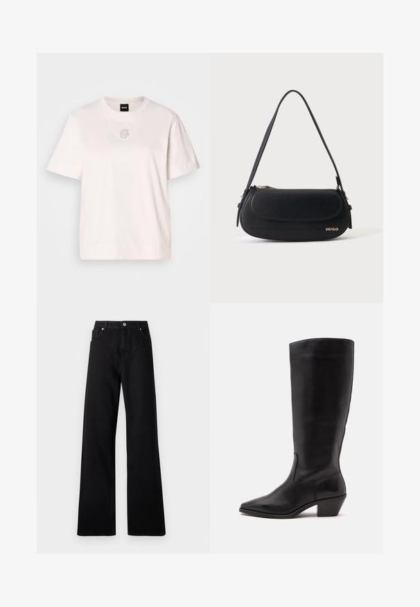T-shirt en coton blanc avec un col rond, des manches courtes et un détail de logo discret au centre, ornée de petites clous métalliques.; Jean large noir en denim avec un design à cinq poches, fermeture à bouton à l'avant et détails de couture subtils.; Botte en cuir noire mi-mollet avec un bout pointu et un talon bas incliné sur un fond clair uni.; Sac à épaule en cuir noir avec rabat incurvé, logo doré "HUGO" sur le devant, et une bandoulière réglable.