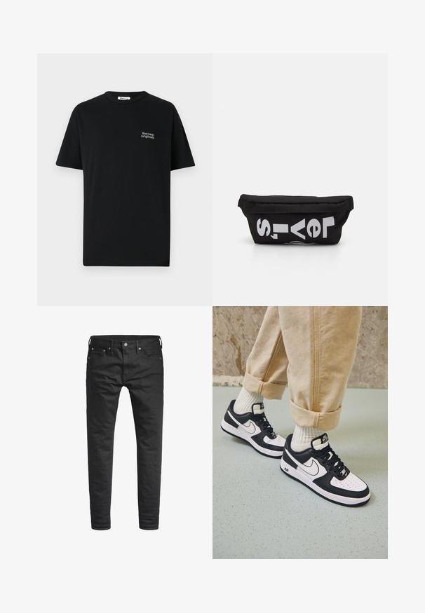 Must mustriga T-särk lühikeste varrukatega, ümar kaelus ning vasakul rinnal väike valge tikand, millel on kiri "uued originaalid".; Mustad musta tooniga slim-fit teksad, millel on ees taskud, vöökohad ja nööp sulgemiseks, esitatud valge tausta vastu.; Mustvalge Nike Air Force 1 tossud nahast pealsega, perforeeritud varbaga ja tekstuurse tallaga, kantud kergete beige pükstega, mille alumine serv on üles keeratud, ja valgete sokkidega.; Must musta kott, millel on lame kuju, ja millel on julge valge tekst. Ülemine osa sulgub tõmblukuga ning ühel küljel on silmusdetail.
