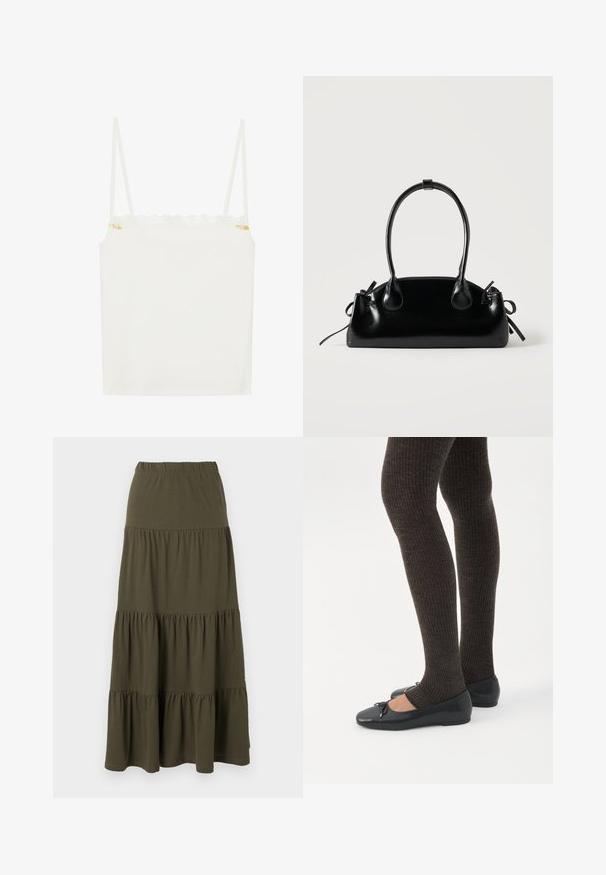 Débardeur blanc à fines bretelles, avec un décolleté en dentelle festonnée et un petit accent floral sur le côté. Texture lisse, design simple.; Jupe maxi verte olive à volants avec taille élastique et panneaux de tissu froncés.; Jambes portant des leggings côtelés foncés associés à des ballerines noires avec de petits détails en nœud sur fond blanc.; Petit sac à main noir brillant avec deux longues anses et des détails à cordon sur les côtés sur un fond clair uni.