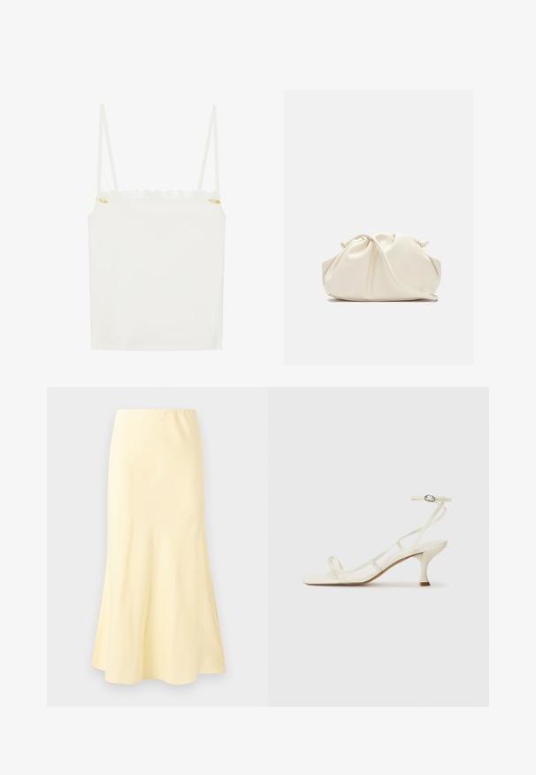 Débardeur blanc à fines bretelles, avec un décolleté en dentelle festonnée et un petit accent floral sur le côté. Texture lisse, design simple.; Jupe longue jaune pâle avec un léger évasement en bas, présentant une texture lisse et une taille élastique.; Sandales blanches à talons avec des fines brides, bout carré et un talon aiguille de 5 cm. Elles possèdent une bride de cheville ajustable avec une boucle métallique.; Pochette en cuir souple couleur crème avec un design froncé et une fine bandoulière reposant à l’avant sur un fond uni.