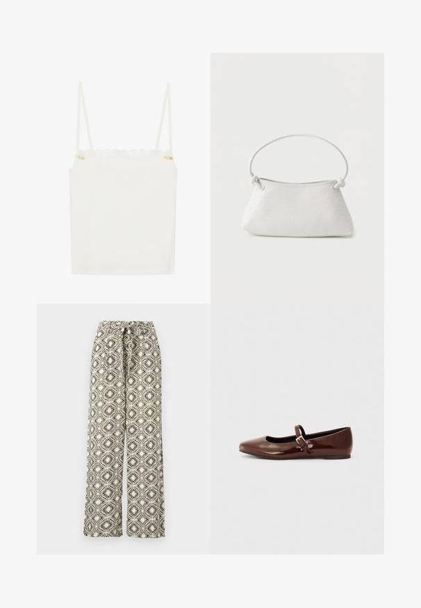 Débardeur blanc à fines bretelles, avec un décolleté en dentelle festonnée et un petit accent floral sur le côté. Texture lisse, design simple.; Pantalon à jambes larges, taille haute, ceinture à nouer et motif floral géométrique noir et blanc.; Ballerine en cuir verni marron avec un bout carré et une lanière ornée d'une petite boucle dorée. Texture lisse, talon bas et design minimaliste.; Sac à main en cuir tressé blanc avec poignée arrondie et extrémités de lanière nouées, présenté sur un fond uni.