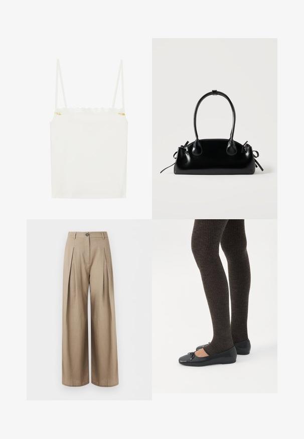 Débardeur blanc à fines bretelles, avec un décolleté en dentelle festonnée et un petit accent floral sur le côté. Texture lisse, design simple.; Pantalon beige à jambes larges avec plis sur le devant, fermeture par boutons, passants pour ceinture et finition lisse du tissu, présenté sur fond blanc.; Jambes portant des leggings côtelés foncés associés à des ballerines noires avec de petits détails en nœud sur fond blanc.; Petit sac à main noir brillant avec deux longues anses et des détails à cordon sur les côtés sur un fond clair uni.