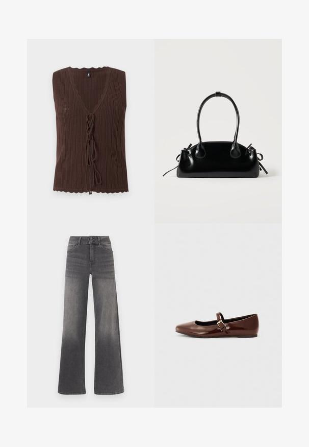 Top marron sans manches en maille côtelée avec col en V et fermetures nouées à l'avant, présentant des bords festonnés à l'ourlet et à l'encolure.; Jean à jambes larges en denim gris avec une finition délavée, design classique à cinq poches, fermeture à bouton, et détails de surpiqûres contrastantes.; Ballerine en cuir verni marron avec un bout carré et une lanière ornée d'une petite boucle dorée. Texture lisse, talon bas et design minimaliste.; Petit sac à main noir brillant avec deux longues anses et des détails à cordon sur les côtés sur un fond clair uni.