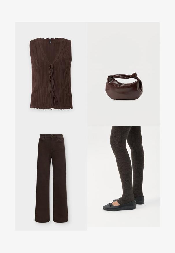 Top marron sans manches en maille côtelée avec col en V et fermetures nouées à l'avant, présentant des bords festonnés à l'ourlet et à l'encolure.; Pantalon marron foncé droit avec bouton et fermeture éclair à l'avant, passants de ceinture et poches avant, présenté sur un fond clair uni.; Jambes portant des leggings côtelés foncés associés à des ballerines noires avec de petits détails en nœud sur fond blanc.; Sac bandoulière en cuir marron foncé avec une forme souple et décontractée et une anse nouée torsadée sur un fond blanc uni.