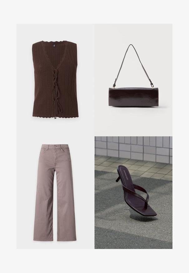 Top marron sans manches en maille côtelée avec col en V et fermetures nouées à l'avant, présentant des bords festonnés à l'ourlet et à l'encolure.; Pantalon taille haute à jambes larges en mauve discret avec bouton devant, fermeture éclair et poches avant et arrière sur fond uni.; Sandale à talon brun foncé avec bout carré et fines brides flottant au-dessus d’un pavement texturé près d’un mur carrelé.; Sac à main rectangulaire en cuir noir avec une longue bandoulière unique et une finition brillante, présenté sur un fond blanc uni.