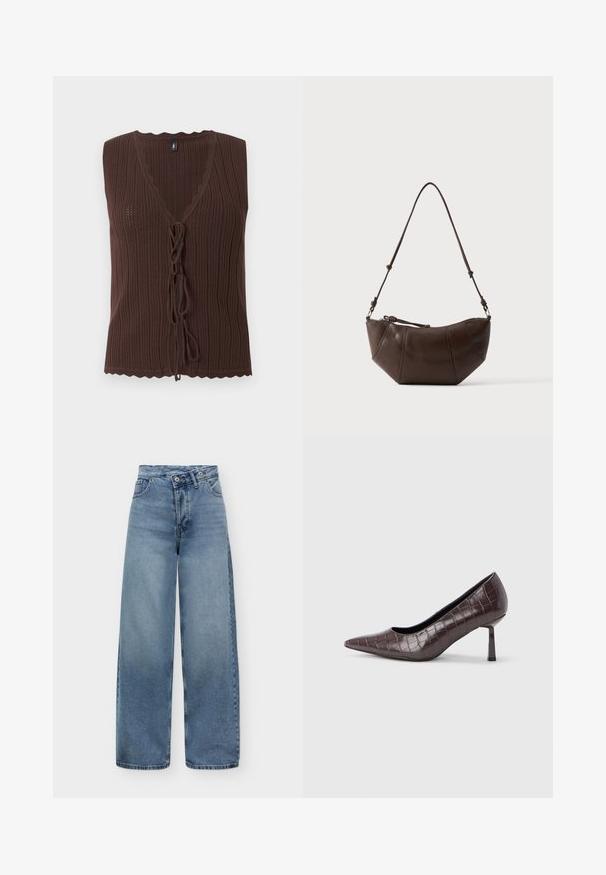 Top marron sans manches en maille côtelée avec col en V et fermetures nouées à l'avant, présentant des bords festonnés à l'ourlet et à l'encolure.; Jean bleu taille haute à jambes larges avec fermeture bouton et zip, poches avant et texture denim délavée sur fond uni.; Escarpins à bout pointu en similicuir marron avec une texture crocodile, dotés d’un talon fin et angulaire ainsi que d’une doublure intérieure lisse.; Sac à bandoulière en cuir marron avec un fond incurvé et une sangle réglable sur un fond clair uni.
