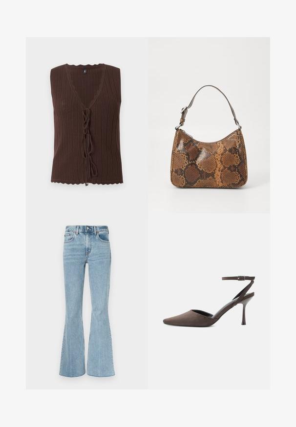 Top marron sans manches en maille côtelée avec col en V et fermetures nouées à l'avant, présentant des bords festonnés à l'ourlet et à l'encolure.; Jean évasé bleu clair, en denim, avec une taille haute, des poches avant, et une texture subtilement délavée avec des coutures contrastées.; Chaussure à talon haut en daim marron à bout pointu, avec une fine bride de cheville et une boucle argentée sur fond blanc.; Petit sac à main avec un motif en peau de serpent marron et noir, courroie courte et ajustable, et fermeture éclair.