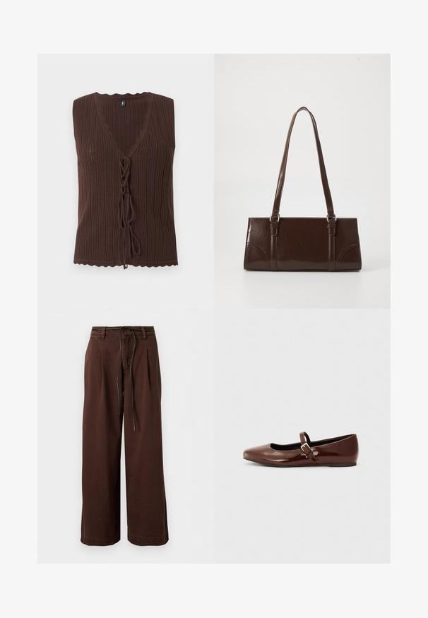 Top marron sans manches en maille côtelée avec col en V et fermetures nouées à l'avant, présentant des bords festonnés à l'ourlet et à l'encolure.; Pantalon marron à jambes larges avec plis à l'avant et ceinture noire à cordon suspendue à la taille.; Ballerine en cuir verni marron avec un bout carré et une lanière ornée d'une petite boucle dorée. Texture lisse, talon bas et design minimaliste.; Sac à main en cuir verni marron de forme rectangulaire, avec deux longues poignées et des accents courbés subtils à l'avant.