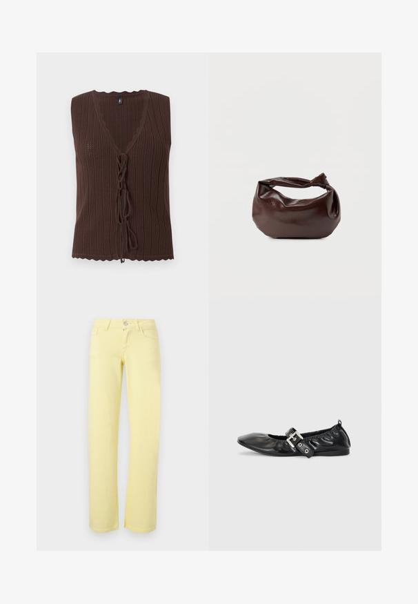 Top marron sans manches en maille côtelée avec col en V et fermetures nouées à l'avant, présentant des bords festonnés à l'ourlet et à l'encolure.; Pantalon jaune à jambes droites avec bouton devant, fermeture éclair et design à cinq poches sur fond uni.; Chaussure plate en cuir noir avec un nez pointu, des détails froncés autour de l'ouverture et un accent en boucle argentée sur la bride ajustable.; Sac bandoulière en cuir marron foncé avec une forme souple et décontractée et une anse nouée torsadée sur un fond blanc uni.