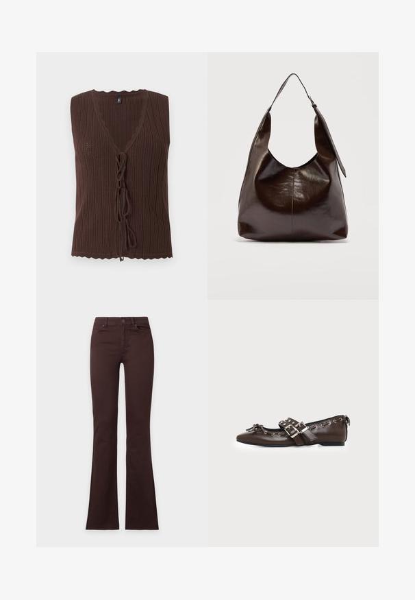 Top marron sans manches en maille côtelée avec col en V et fermetures nouées à l'avant, présentant des bords festonnés à l'ourlet et à l'encolure.; Jean bootcut marron foncé avec bouton et fermeture éclair, poches avant et arrière, présenté à plat sur un fond blanc uni.; Chaussure plate en cuir marron foncé avec bout pointu, doubles brides à boucles argentées, œillets métalliques et nœud décoratif à l'avant.; Sac à bandoulière en cuir marron foncé brillant avec une seule large sangle et un détail de boucle sur un côté, posé sur un fond clair uni.