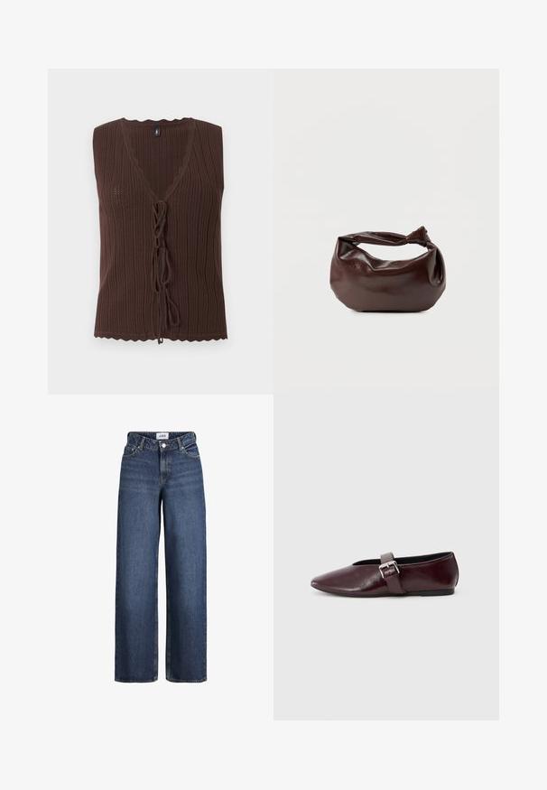 Top marron sans manches en maille côtelée avec col en V et fermetures nouées à l'avant, présentant des bords festonnés à l'ourlet et à l'encolure.; Jean en denim bleu à jambes larges avec bouton et fermeture éclair à l’avant, passants de ceinture et poches, présenté sur fond blanc.; Ballerines en cuir bordeaux avec un bout pointu, une semelle plate et une sangle décorative avec boucle sur le cou-de-pied. Texture lisse et brillante.; Sac bandoulière en cuir marron foncé avec une forme souple et décontractée et une anse nouée torsadée sur un fond blanc uni.