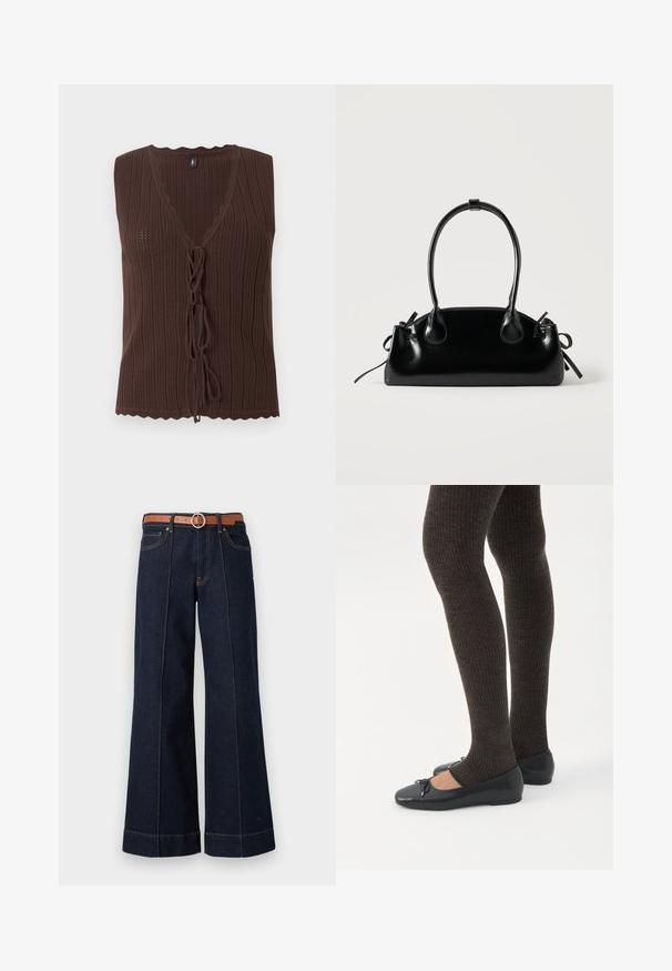 Top marron sans manches en maille côtelée avec col en V et fermetures nouées à l'avant, présentant des bords festonnés à l'ourlet et à l'encolure.; Jean large en denim bleu foncé avec taille haute, ceinture marron et détails de couture visibles. Comprend des poches avant et une coupe décontractée.; Jambes portant des leggings côtelés foncés associés à des ballerines noires avec de petits détails en nœud sur fond blanc.; Petit sac à main noir brillant avec deux longues anses et des détails à cordon sur les côtés sur un fond clair uni.