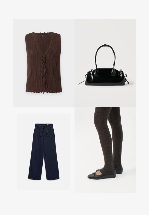 Top marron sans manches en maille côtelée avec col en V et fermetures nouées à l'avant, présentant des bords festonnés à l'ourlet et à l'encolure.; Jean taille haute bleu foncé à jambes larges avec poches avant et ceinture en tissu assortie nouée à la taille.; Jambes portant des leggings côtelés foncés associés à des ballerines noires avec de petits détails en nœud sur fond blanc.; Petit sac à main noir brillant avec deux longues anses et des détails à cordon sur les côtés sur un fond clair uni.