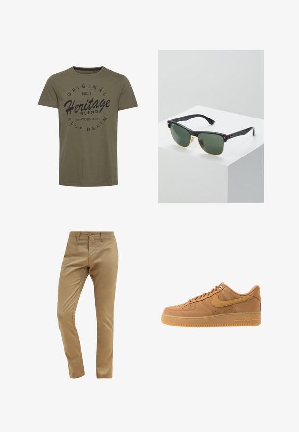 Camiseta de algodón verde oliva con cuello redondo, que presenta texto impreso en negro: "Original No. 1 Heritage Blend Claim Your Rights" en un diseño circular.; Chinos beige con una textura suave, ajuste slim, cierre de botón y presillas para cinturón, que presentan un diseño de bolsillo frontal estándar.; Nike Sportswear AIR FORCE 1 07 - Zapatillas - flax/wheat/light brown/black/team gold; Gafas de sol Ray-Ban con lentes verdes, montura de plástico negro y acentos dorados en los bordes. Forma cuadrada con acabado mate.