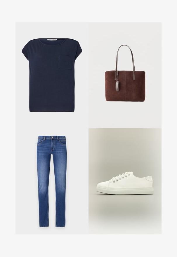 Marineblaue Kurzarm-T-Shirts aus leichtem Stoff. Besitzt eine einzelne Tasche auf der linken Seite und ein lässiges Schnittdesign.; Blaue Denim-Jeans mit geradem Bein, Fronttaschen und klassischem Knopf- und Reißverschluss. Leicht strukturiert mit Stickdetails.; Weißer Low-Top-Sneaker mit weißen Schnürsenkeln und Gummisohle, seitlich auf neutralem Hintergrund dargestellt.; Braune Wildleder-Shopper-Tasche mit dunkelbraunen Ledergriffen und einem kleinen befestigten Lederanhänger vor einem schlichten hellen Hintergrund.