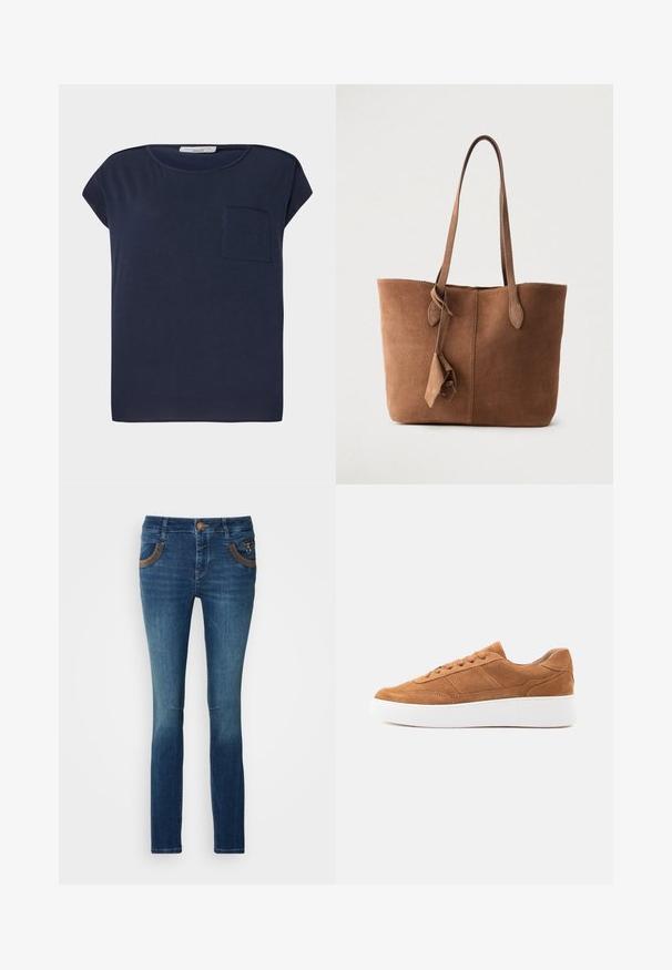 Marineblå kortærmet T-shirt lavet af letvægtsstof. Har en enkelt lomme på venstre side og en afslappet pasform.; Mørkeblå denim jeans med slim fit. Har to forlommer med brune detaljer og en knaplukning. Diskret udtoning på benene.; Brun ruskind lavtop-sneakers med snørebånd foran og tyk hvid gummisål, vist i profil på en ensfarvet baggrund.; Brun ruskinds-tote taske med to skulderremme, et enkelt design og en frynse-detalje på siden. Glat tekstur og struktureret form.