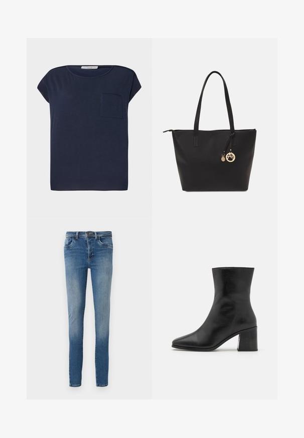Marineblå kortærmet T-shirt lavet af letvægtsstof. Har en enkelt lomme på venstre side og en afslappet pasform.; Slank-fittede blå denimjeans med en falmet overflade, traditionelt fem-lomme design og en klassisk knap-og-lynlås lukning.; Sorte læder ankelstøvle, spids tå, glat tekstur, mellemhøj blokhæl, minimalistisk design og syede detaljer langs kraven.; Sort tote taske lavet af glat syntetisk materiale, med to lange håndtag, en lynlåslukning og et guldcharms med et rundt logo.