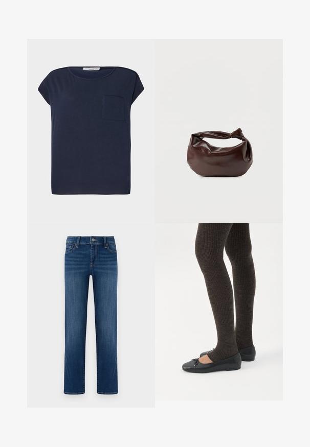 Marineblå kortærmet T-shirt lavet af letvægtsstof. Har en enkelt lomme på venstre side og en afslappet pasform.; Blå denim jeans, lige ben design, medium vask, fem lommer, knap- og lynlåslukning, synlig syning, glat tekstur.; Ben iført mørke ribbede leggings kombineret med sorte balletsko med små sløjfedetaljer på hvid baggrund.; Mørkebrun læder skuldertaske med en blød, afslappet form og et snoet knudehåndtag på en ensartet hvid baggrund.