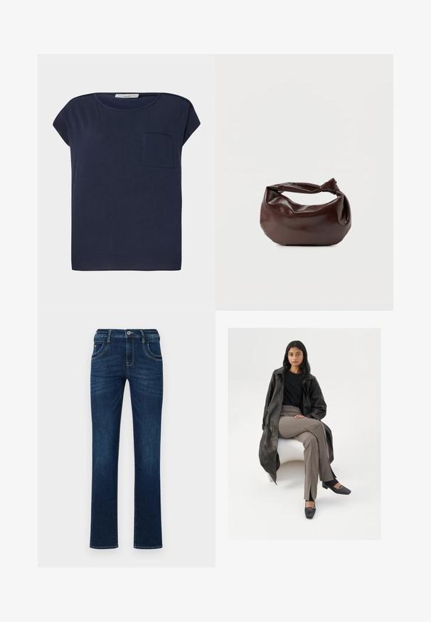 Marineblauwe T-shirt met korte mouwen van lichtgewicht stof. Heeft een enkele zak aan de linkerkant en een ontspannen pasvorm.; Donkerblauwe denim jeans met een rechte pijp, vijf zakken en een standaard knoopsluiting. Bevat subtiele stikdetails.; Zwarte leren trenchcoat, zwart shirt, beige high-waisted broek, zwarte vierkante schoenen met een zilveren gesp, zittend op een witte stoel.; Donkerbruine leren schoudertas met een zachte, slungelige vorm en een gedraaide knoopvormige handgreep op een effen witte achtergrond.