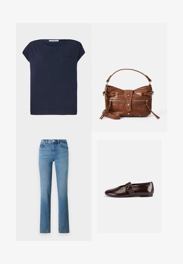 Marineblå kortærmet T-shirt lavet af letvægtsstof. Har en enkelt lomme på venstre side og en afslappet pasform.; Lyseblå denimjeans med lige ben, forsynet med lynlås, knaplukning og syede lommer foran og bagpå.; Mørkebrun laklædersko med stor guldlås og rund tå, vist i sideprofil på hvid baggrund.; Brun læderhåndtaske med en rund form, to frontlommer med lynlås og en aftagelig skulderrem. Udstyret med hardware og syninger i sølvfarve.