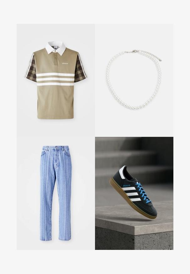 Polo shirt in olijfgroen met witte strepen en een geruit patroon op de korte mouwen. Heeft een witte kraag en een logo op de borst.; Lichtblauwe denim jeans met verticale witte strepen, rechte pijpen, vijf-pocketstijl en een knoopsluiting in de taille.; Zwarte Adidas-sneaker met witte strepen, blauwe veters en een gumzool die boven een grijze betonnen trede zweeft in zacht licht.; Witte parelketting met een uniforme ronde vorm, gladde oppervlakte en een metalen sluiting met een uitbreidingsketting voor verstelbare lengte.