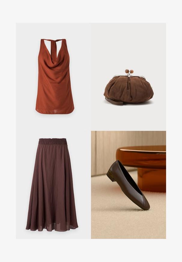 Top sans manches de couleur rouille avec un col drapé, un dos dégarni et un tissu lisse. Le design présente une coupe décontractée et sans motifs visibles.; Jupe longue forme trapèze marron avec taille élastique froncée et tissu léger légèrement froissé, présentée sur un fond uni.; Chaussure plate en cuir brun foncé avec un petit talon et un accent doré, posée sur un tapis beige près d’une table ronde de couleur ambre.; Petit sac poignet en daim marron doux avec cadre en métal argenté et boules rondes marron de fermeture sur fond clair uni.