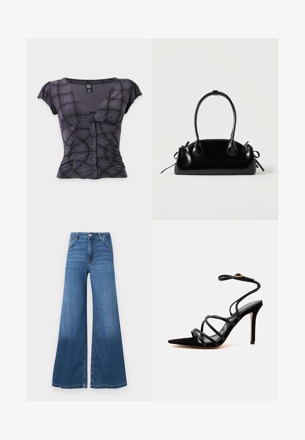 Short-sleeve dark gray plaid blouse with V-neck, button front, ruched sides, and flutter sleeves, size small.; Wide-leg blue jeans made from denim, featuring a high waist, front pockets, and a clean hem. No visible patterns or embellishments.; Black high-heeled sandal with pointed toe, thin crisscross straps, and an ankle strap with a gold buckle on a plain light background.; Small black glossy handbag with two long handles and side drawstring details on a plain light background.
