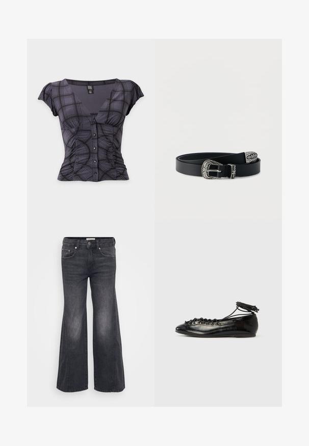 Short-sleeve dark gray plaid blouse with V-neck, button front, ruched sides, and flutter sleeves, size small.; Wide-leg black denim jeans with a high waist, featuring five pockets, silver hardware, and a subtle faded pattern along the legs.; Black patent leather ballet flats with a rounded toe, lace-up design, and a flat sole. Smooth texture with minimal detailing.; Black leather belt with ornate silver buckle, loop, and tip featuring floral and decorative engravings, coiled on a white background.