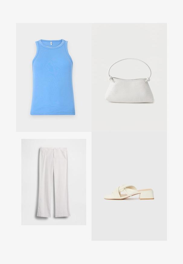 Haut débardeur bleu sans manches avec un col rond et un léger détail de couture autour du col, présenté sur un fond uni.; Pantalon blanc à jambes droites avec fermeture éclair et bouton à l'avant, présenté à plat sur fond blanc.; Sandales à talons bloc couleur crème avec des brides torsadées et un lit de pied plat. Matériau synthétique lisse avec une finition mate.; Sac à main en cuir tressé blanc avec poignée arrondie et extrémités de lanière nouées, présenté sur un fond uni.