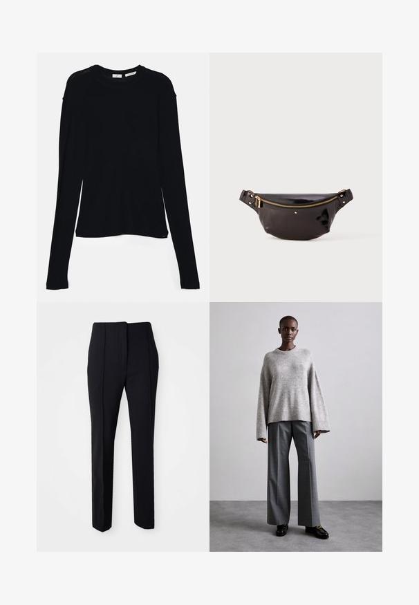 Haut noir à manches longues en tissu doux, avec un col rond et une coupe décontractée, doté de fentes sur les côtés à l'ourlet pour faciliter les mouvements.; Pantalons noirs ajustés avec une coupe droite, fabriqués dans un tissu lisse, dotés d'un devant plat et de poches sur les côtés pour plus de fonctionnalité.; Pull en maille gris avec des manches larges et un ourlet côtelé, assorti à un pantalon gris taille haute avec un motif à carreaux discret et des mocassins noirs.; Fanny pack en cuir noir et brillant avec un design courbé, accent en zip doré, sangle réglable et petit matériel décoratif.