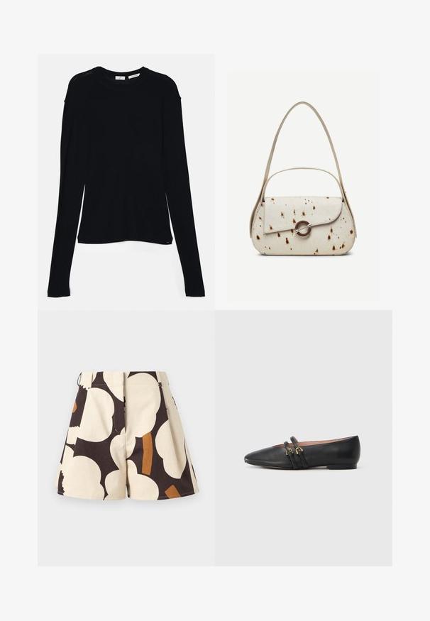 Haut noir à manches longues en tissu doux, avec un col rond et une coupe décontractée, doté de fentes sur les côtés à l'ourlet pour faciliter les mouvements.; Shorts beige taille haute avec de grandes formes florales abstraites noires et marron, plis à l'avant et ourlet droit.; Chaussures plates en cuir noir avec un bout pointu, dotées de deux brides noires avec des accents en métal doré. Texture lisse et talon bas.; Sac à main couleur crème avec des taches marron, rabat incurvé avec une fermeture métallique circulaire, doté de deux fines anses, dont une plus longue pour porter à l'épaule.