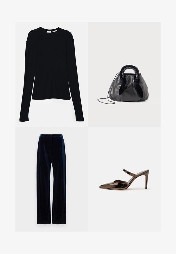 Haut noir à manches longues en tissu doux, avec un col rond et une coupe décontractée, doté de fentes sur les côtés à l'ourlet pour faciliter les mouvements.; Pantalons à jambes larges en velours bleu marine avec taille haute, présentant des plis à l'avant et une texture lisse. Aucun hardware ou motif visible.; Mule à talon haut marron foncé brillant à bout pointu avec une fine bride sur le coup de pied sur fond blanc uni.; Sac à main en cuir noir avec une poignée en velours tressé et une fine bandoulière, posé sur un fond clair et uni.
