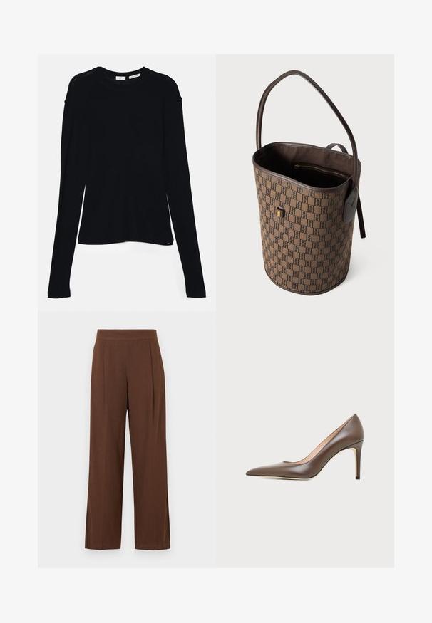Haut noir à manches longues en tissu doux, avec un col rond et une coupe décontractée, doté de fentes sur les côtés à l'ourlet pour faciliter les mouvements.; Pantalon marron à jambes larges avec une texture lisse, présentant un devant plat et des plis. La taille est élastiquée pour le confort et l'ajustement.; Stuart Weitzman POWER - Escarpins - cigar; Sac seau marron à motifs avec un logo embossé, des accents en cuir et une poche zippée à l'intérieur. Il dispose d'une seule bandoulière.