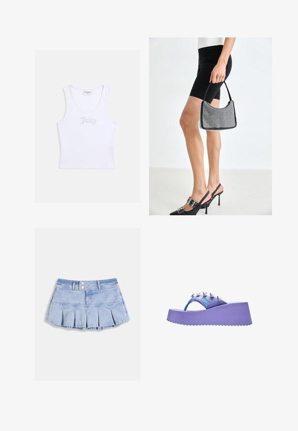 Top court blanc sans manches en tissu côtelé avec encolure dégagée et "Juicy" écrit en strass sur la poitrine.; Jupe en denim bleu clair avec un design plissé, dotée d'une fermeture à boutons à l'avant et d'un ourlet brut. Texture lisse et style décontracté.; Sandale plateforme violette avec décorations papillon argentées sur la bride et semelle texturée.; Sac à main à perles noires avec une silhouette courbée, une poignée de transport et une texture brillante. Porté avec des chaussures à talons hauts noires et un short noir ajusté.