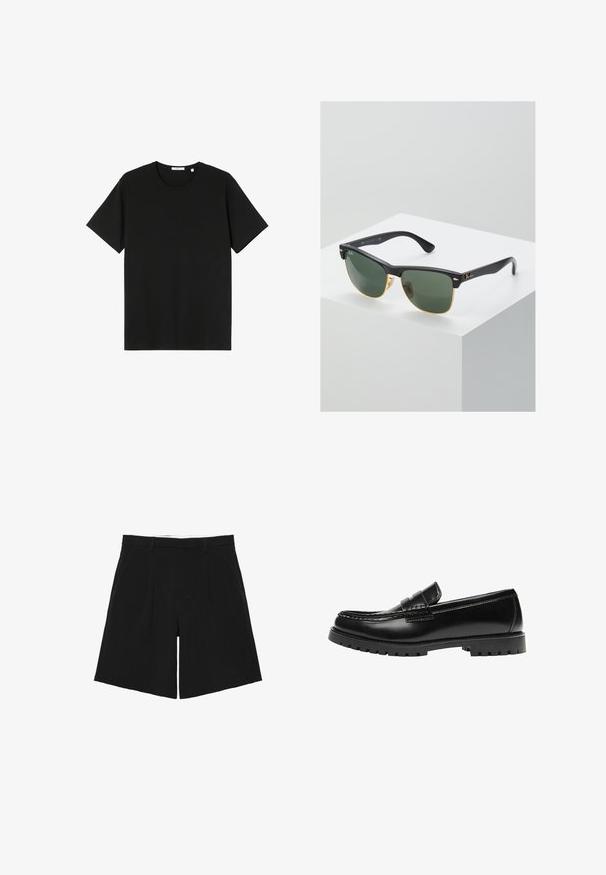 T-shirt noir à manches courtes en coton. Encolure ronde, coupe décontractée, texture lisse, sans motifs ni graphiques visibles.; Short noir sur mesure avec passants de ceinture, plis devant et poches latérales, posé à plat sur un fond blanc.; Mocassin en cuir noir avec une semelle en caoutchouc épaisse et un détail classique de bride à monnaie, vu de côté extérieur.; Lunettes de soleil Ray-Ban avec des verres verts, monture en plastique noir et accents dorés sur les bords. Forme carrée avec une finition mate.