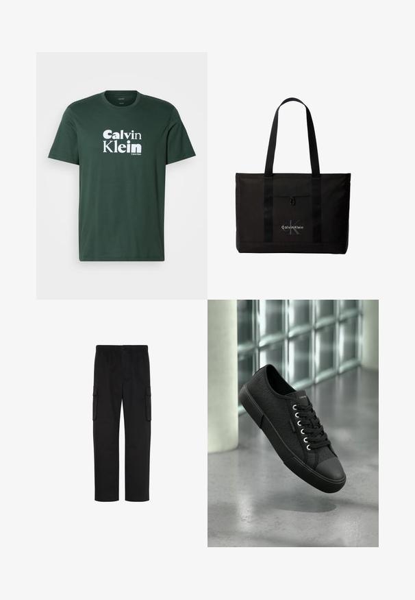 Donkergroene T-shirt met korte mouwen en ronde hals, voorzien van witte "Calvin Klein" logo-tekst in het midden op de voorkant.; Zwarte cargo broek met rechte pijpen, elastische tailleband, knoopsluiting en twee klepzakken aan de zijkanten.; Zwarte laag model sneaker met een gestructureerd patroon, zwarte zool en veters, zwevend boven een gepolijste betonnen vloer bij glasblokken.; Zwarte Calvin Klein totebag met twee lange handvatten en een voorvak, met het logo van het merk in wit en grijs.