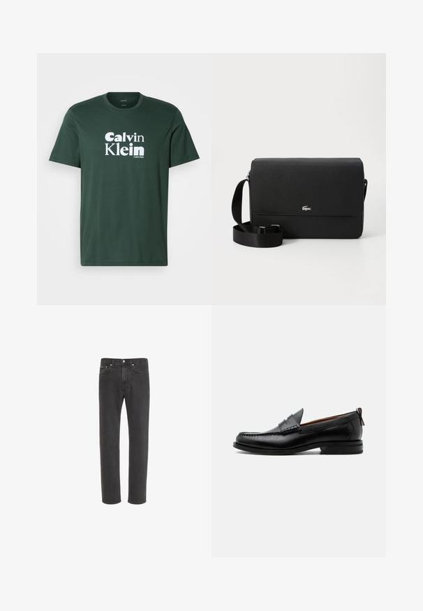 Donkergroene T-shirt met korte mouwen en ronde hals, voorzien van witte "Calvin Klein" logo-tekst in het midden op de voorkant.; Zwarte rechte denim jeans met knoop- en ritssluiting aan de voorkant, voor- en achterzakken, weergegeven op een witte achtergrond.; Zwarte leren herensloffen met moc toe stiksel, pennyriem, gestructureerde kraag en lage gestapelde hak op witte achtergrond.; Zwarte leren schoudertas met een soepele structuur, een voorklep, zilveren logoaccent en een verstelbare stoffen schouderband.