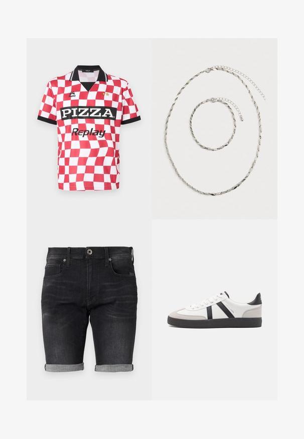 Rot-weiß kariertes Kurzarmtrikot mit schwarzem Kragen, "PIZZA"-Logo und zwei Sternen über dem Markennamen. Glatte Stofftextur.; Schwarze Jeansshorts mit einer figurnahen Passform, umgeschlagenen Säumen und einem klassischen Bund, der einen Frontknopfverschluss und Seitentaschen aufweist.; Weiße Sneaker mit schwarz- und grau-aczenten, ausgestattet mit einer strukturierten grauen Zehenkappe, schwarzer Gummi-Sohle und flachen weißen Schnürsenkeln. Sauberes Design, minimalistische Stil.; Silberne verdrehte Kettenhalskette und passendes Armband mit verstellbaren Verschlüssen, flach auf einem weißen Hintergrund ausgelegt.